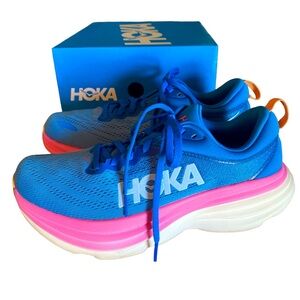 Worn Once Women’s Hoka One One Bondi 8 Blue & Pink Running Shoes with Box